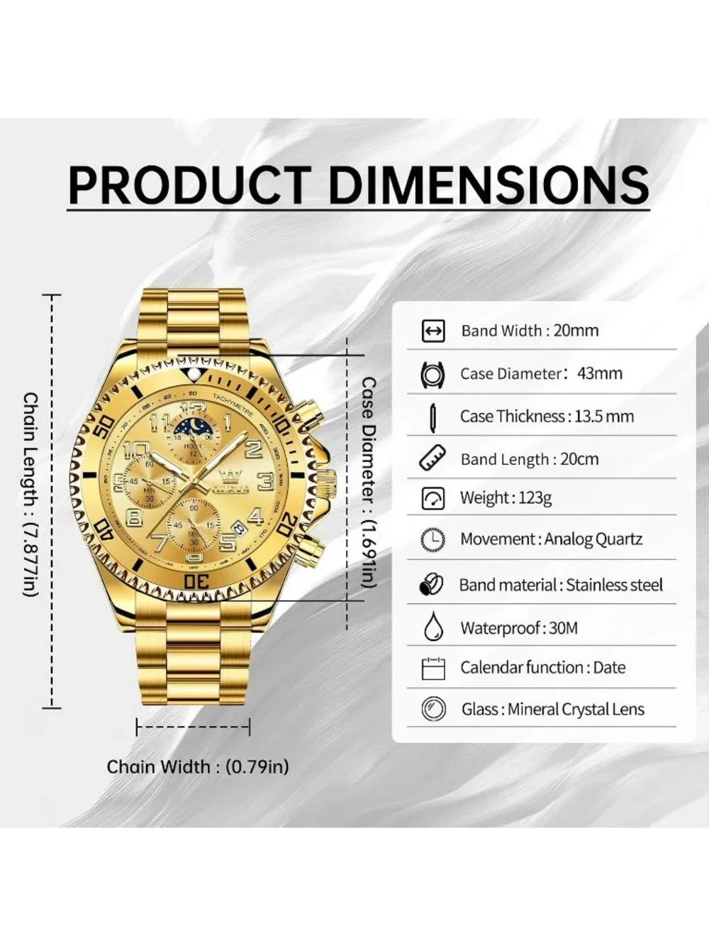 Men's Gold Elegant Stainless Steel Waterproof Quartz Big Face Fashion Wristwatch